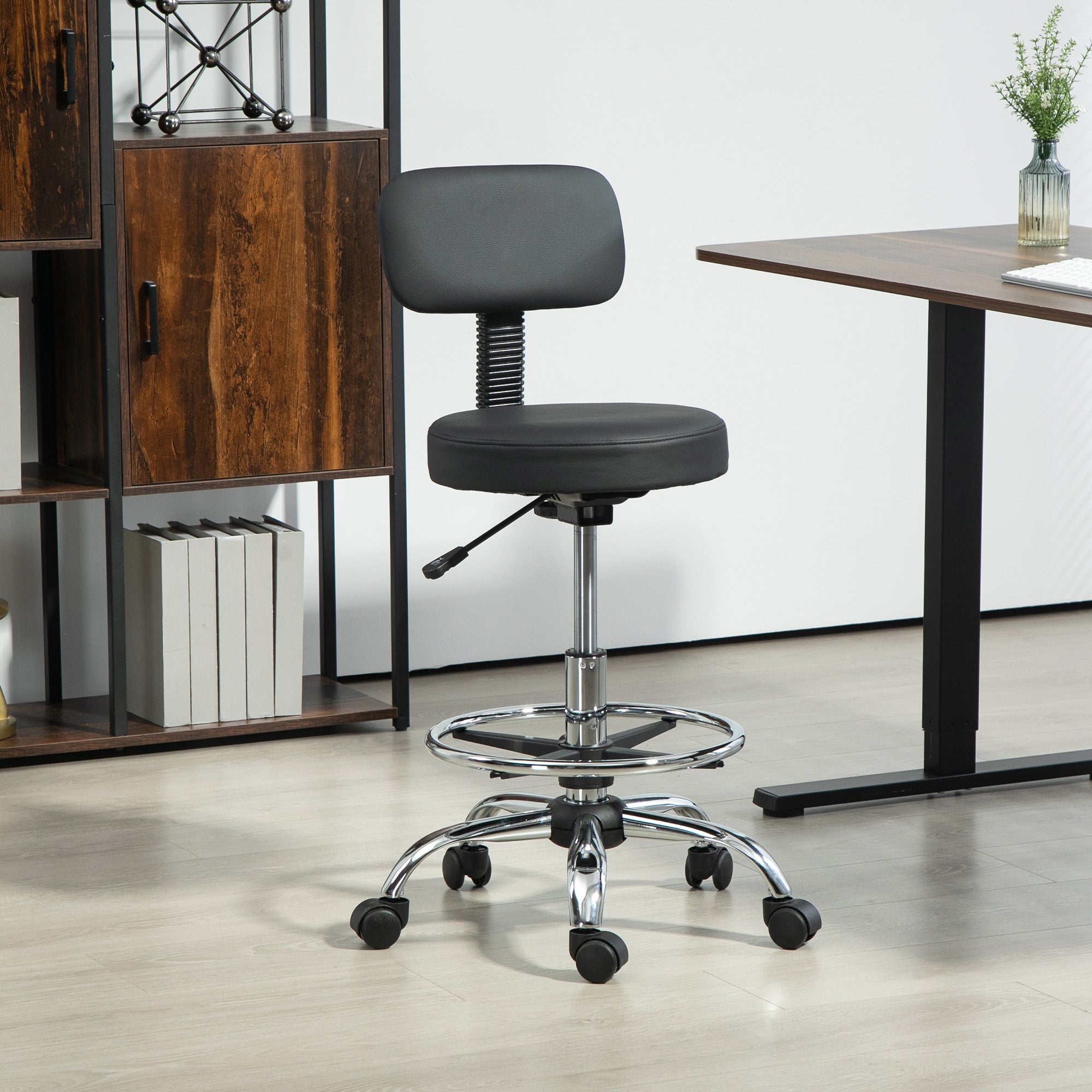 Height-Adjustable Swivel Chair with Footrest, in Steel, Faux Leather and Foam, 52x52x78-92 cm, Black