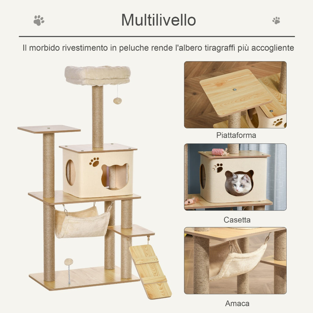 Multi-Level Cat Tree with House, Hammock, Ladder and Jute Ropes, Plush Cover, 60x40x130cm, Yellow