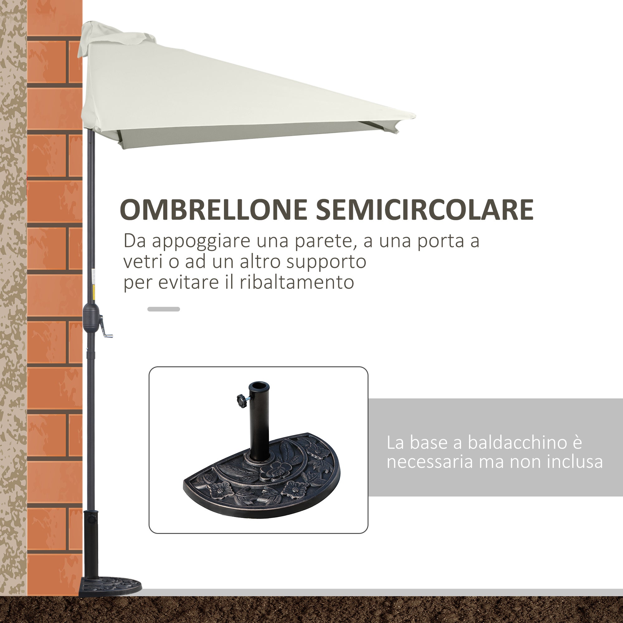 Space-saving Mezzaluna Wall Parasol with Crank Opening, Cream - Borgè