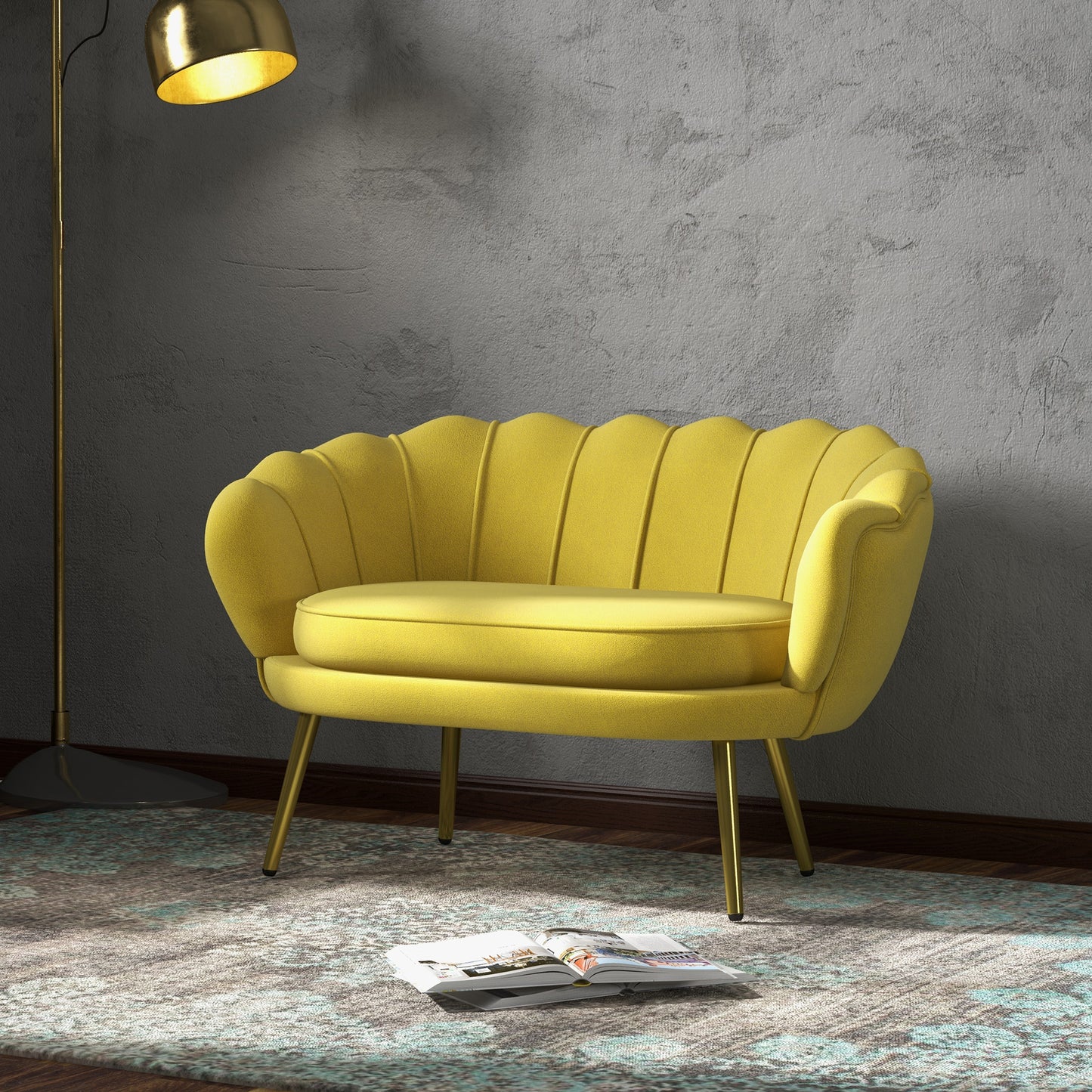 Vintage 2-Seater Sofa in Industrial Chic Style in Velvet Effect Fabric and Metal, 130x77x77 cm, Yellow