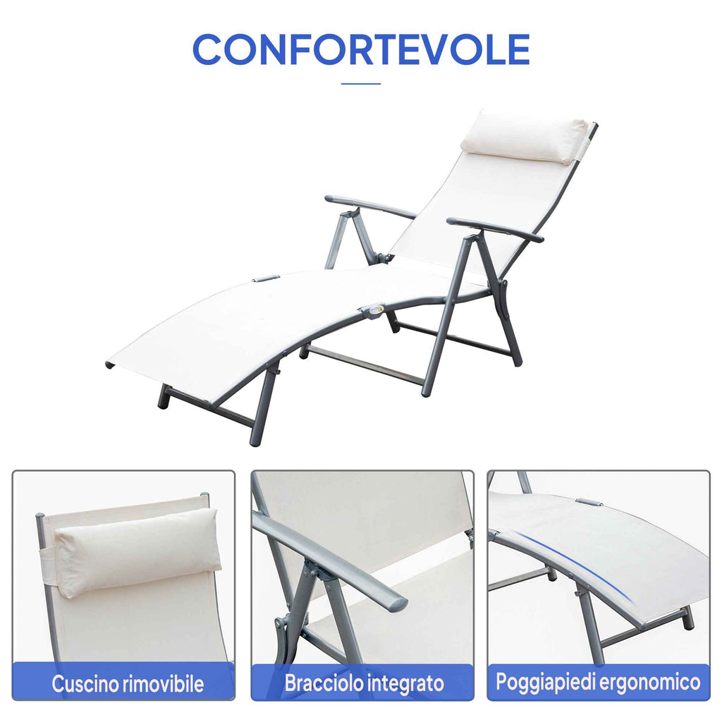 Outsunny Folding Garden Lounger with Cushion, 7-Reclining Backrest, 137x63.5x100.5cm, Beige