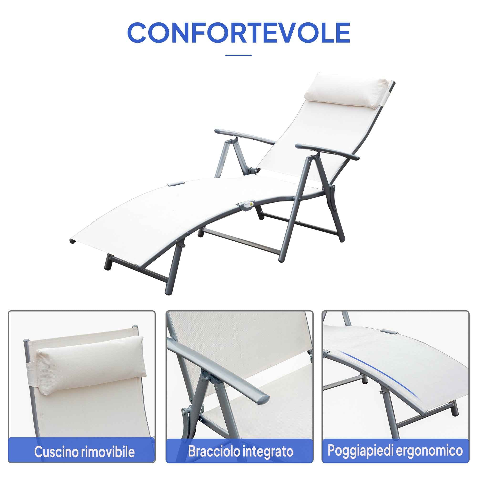 Outsunny Folding Garden Lounger with Cushion, 7-Reclining Backrest, 137x63.5x100.5cm, Beige