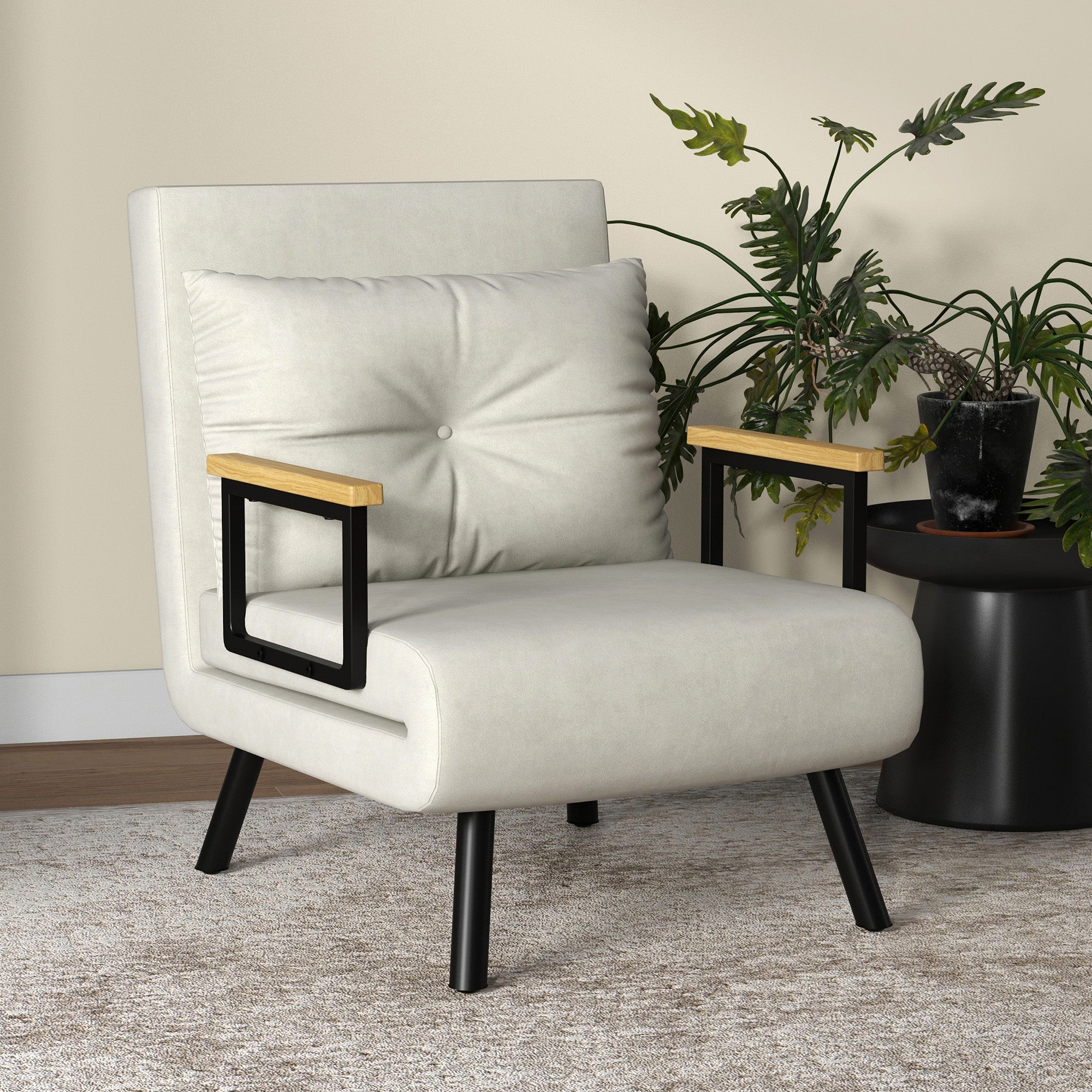 Velvet Cream,  3 in 1 Armchair Bed with Reclining Backrest and Cushion, in Velvet Effect Fabric, 63x73x81 cm, Cream