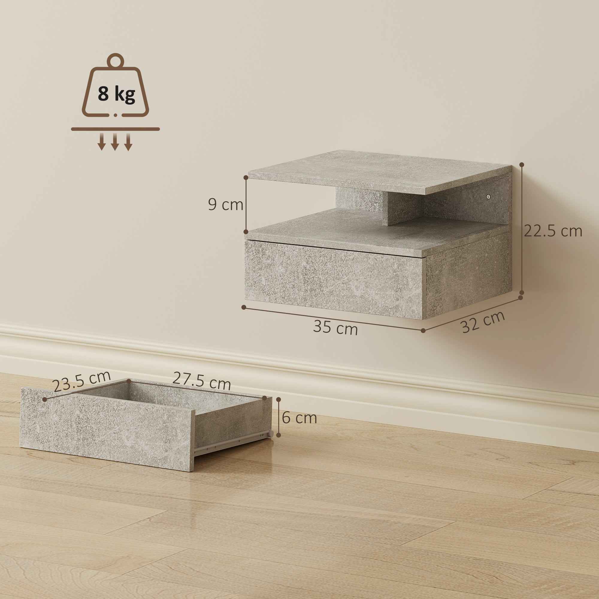 HOMCOM Set of 2 Floating Bedside Tables with Drawer and Open Shelf, 35x32x22.5 cm, Cement Grey