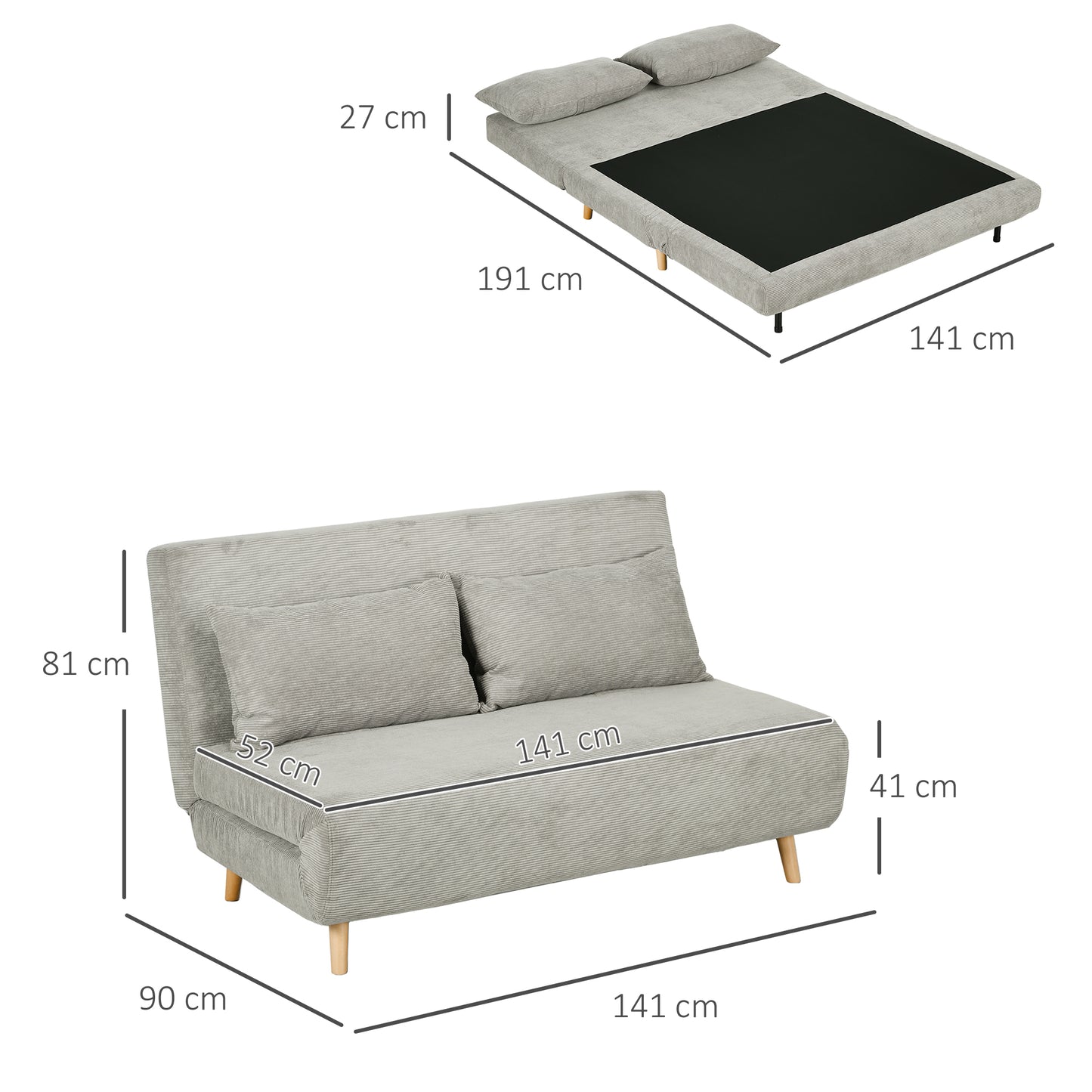 Double Sofa Bed with Adjustable Backrest and 2 Cushions, in Linen Effect Fabric Grey