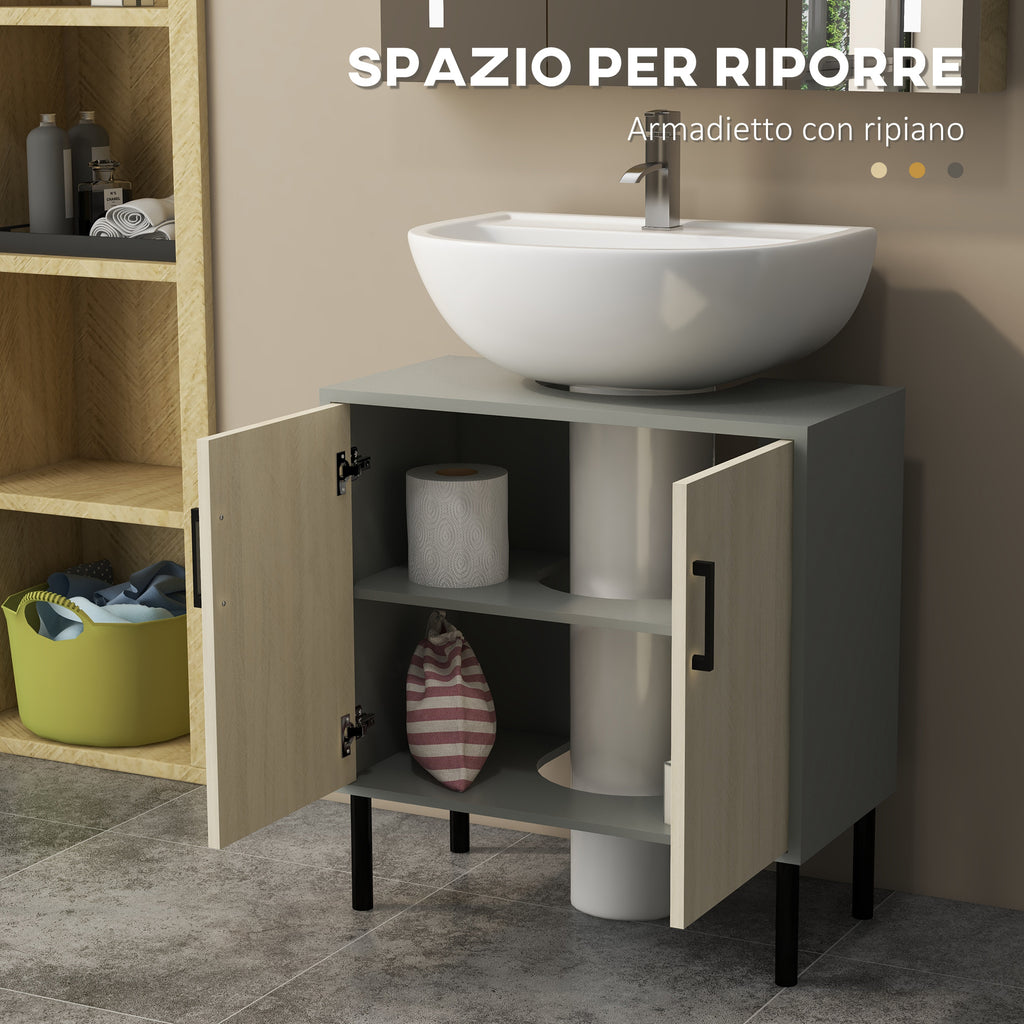 kleankin Bathroom Cabinet with Double Door and Chipboard Shelf, 60x30x60cm, Grey and Oak Color