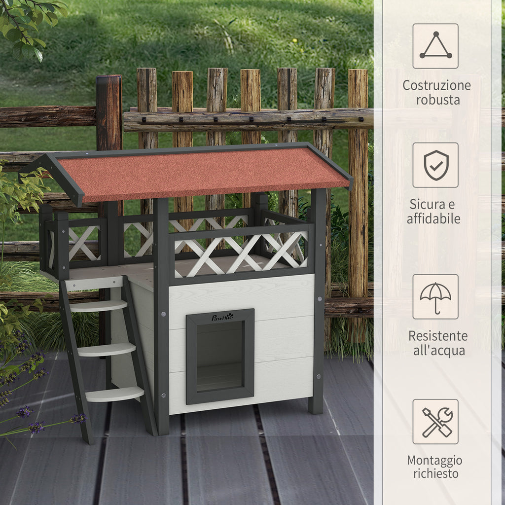PawHut Outdoor Cat House with Terrace and Wooden Ladder, 77x50x73cm, White and Gray - Borgè