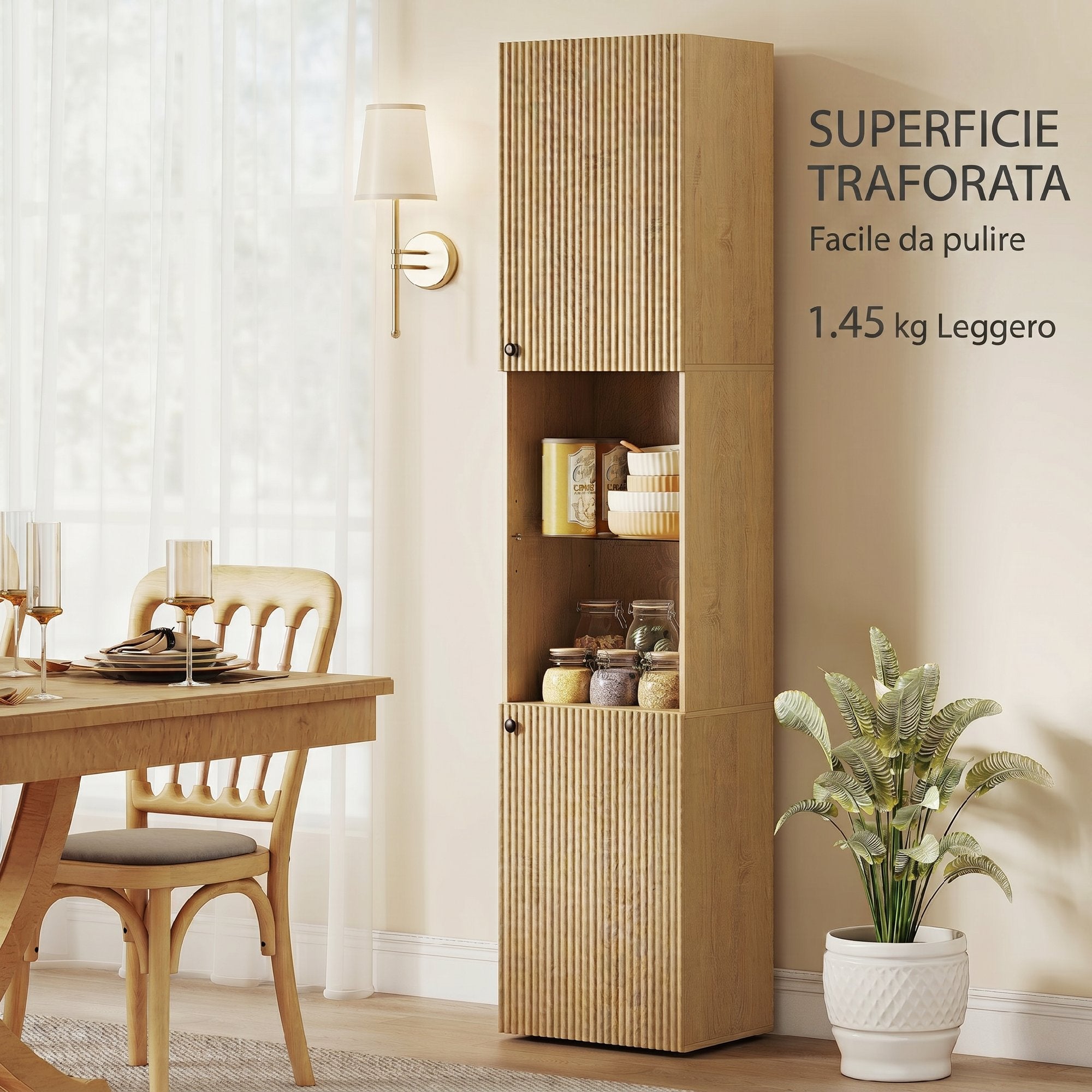 HOMCOM Slim Bathroom Cabinet with 6 Shelves, 2 Doors, Open Compartments, Tempered Glass Shelf, Adjustable Shelves, Oak