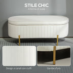 72L Oval Storage Bench with Lift-Top Lid, Velvet Fabric and Wood, 108x44x43.5 cm, Cream
