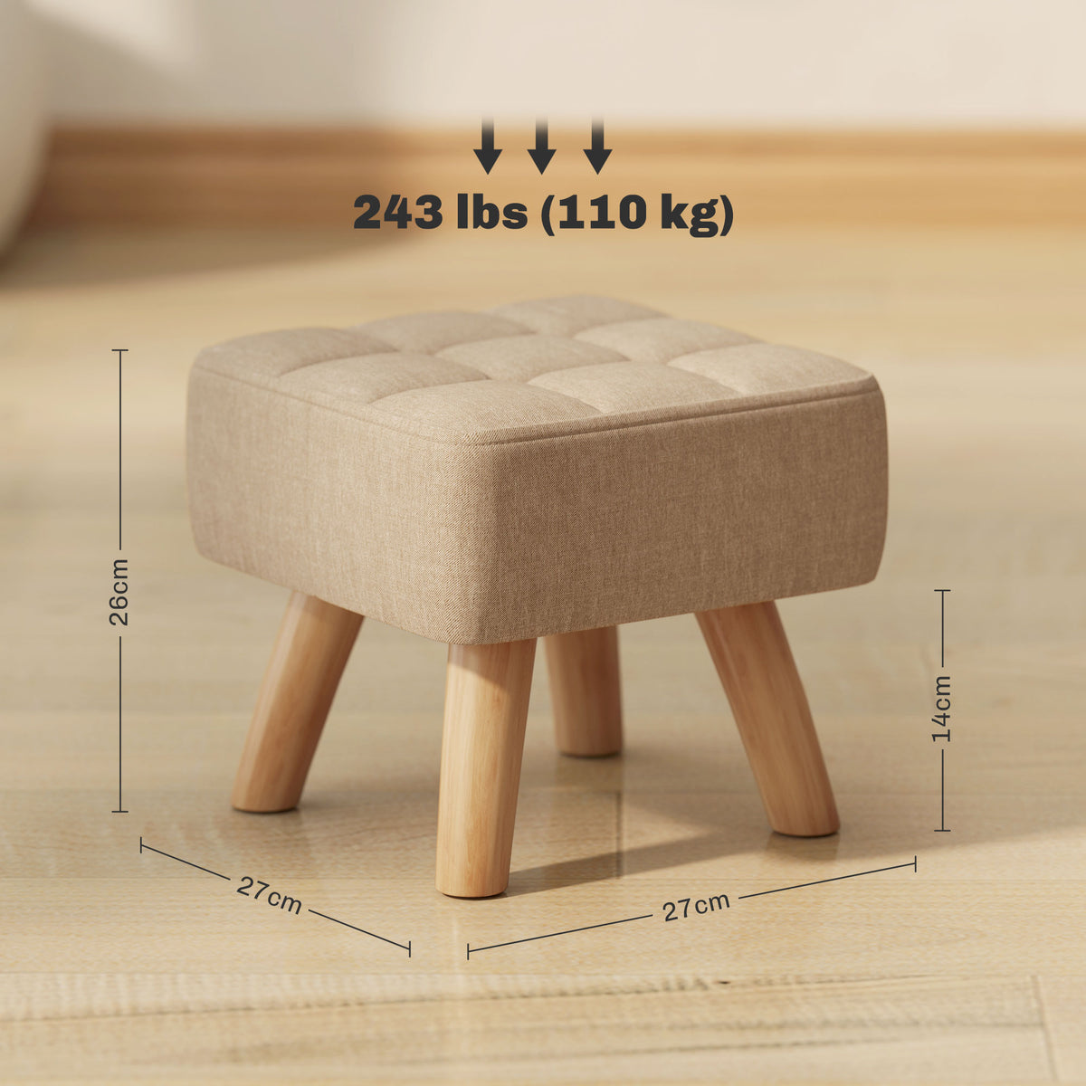 HOMCOM Linen-Effect Fabric Footstool, 27x27x26 cm, Rubber Wood Legs, Load Capacity up to 110 kg, Brown