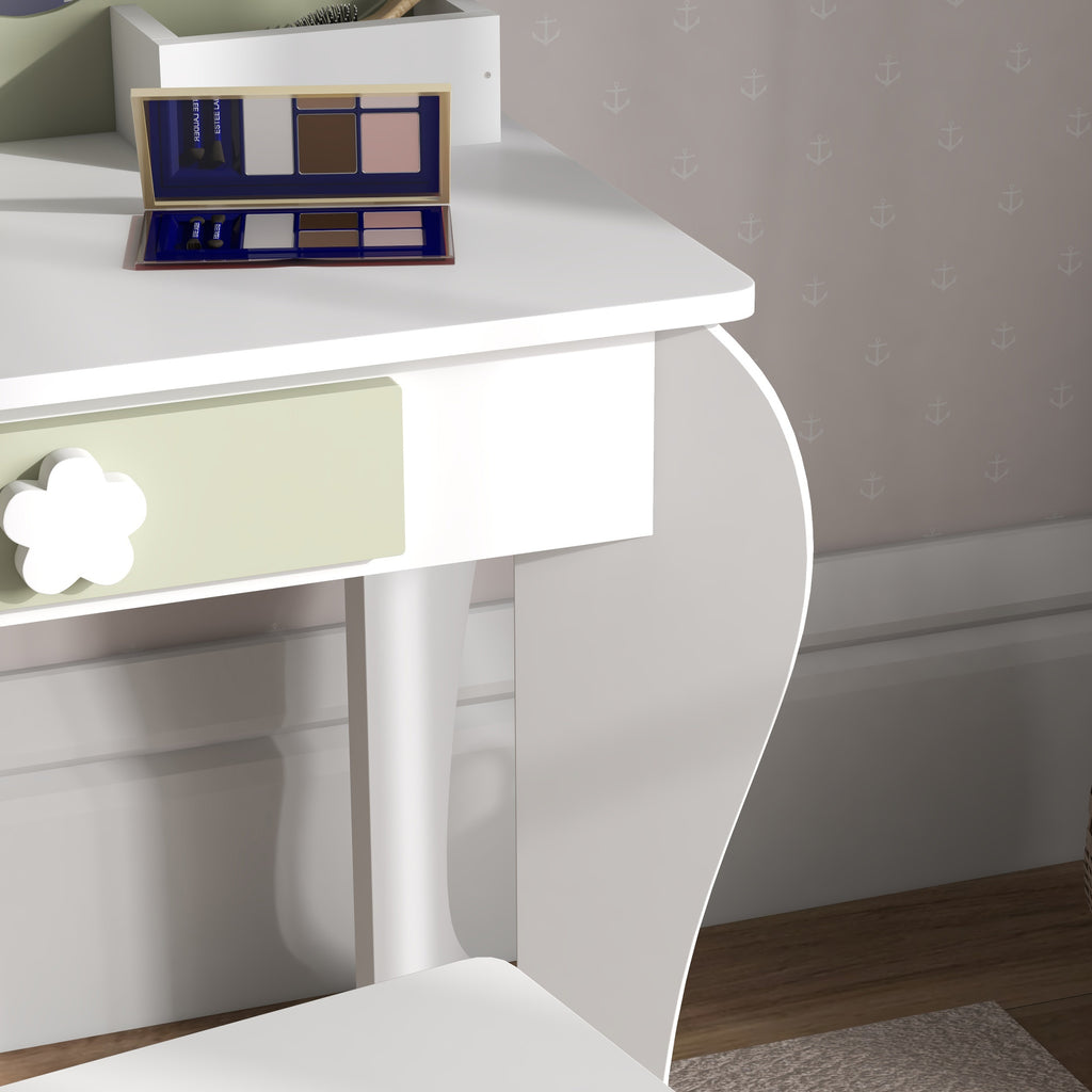 Girls' Dressing Table Set with Makeup Mirror and Matching Stool, Wooden Drawer and Storage, White