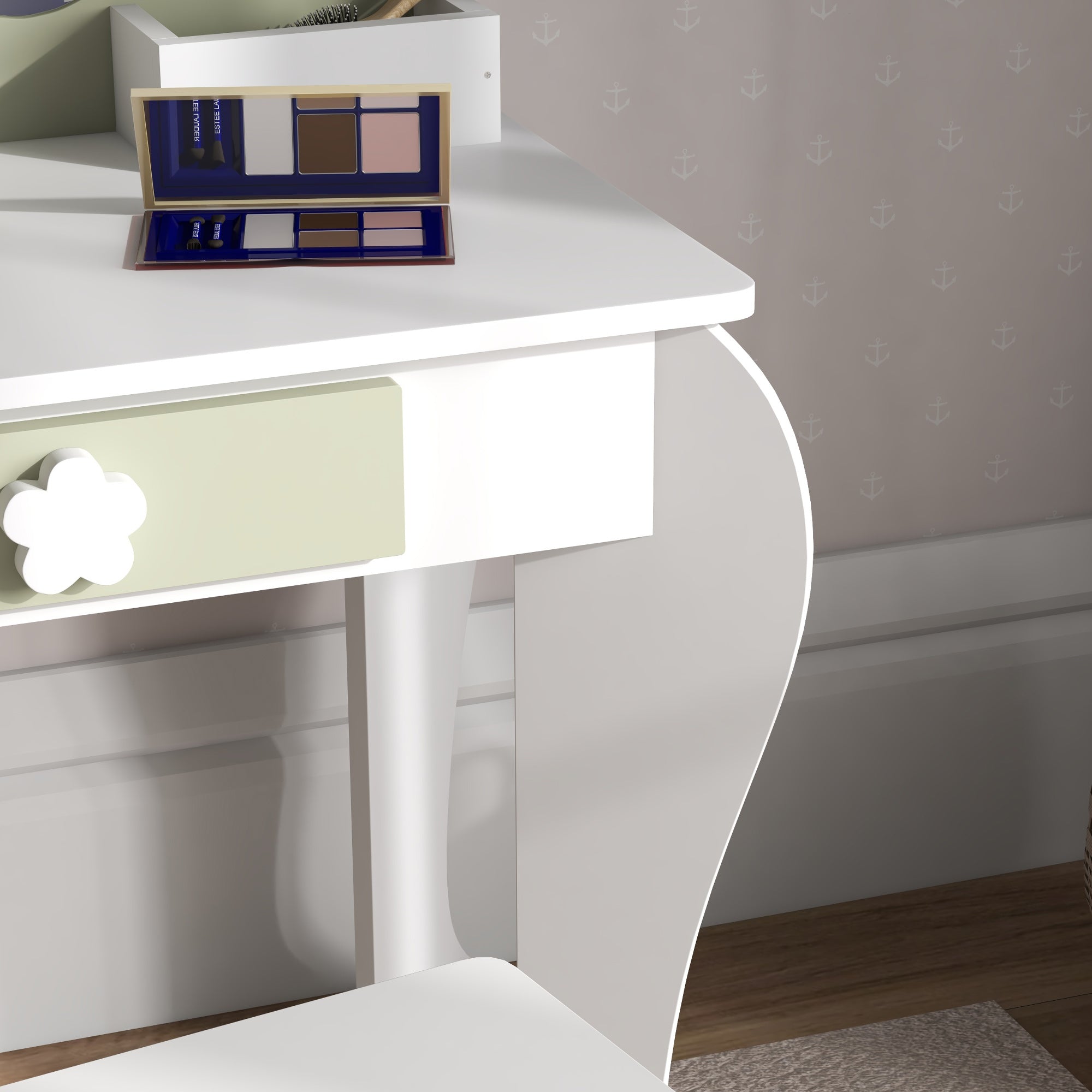 Girls' Dressing Table Set with Makeup Mirror and Matching Stool, Wooden Drawer and Storage, White
