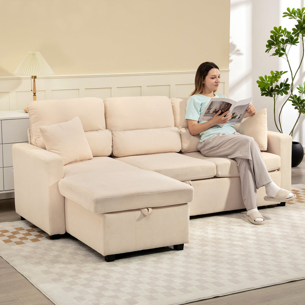 Corner Sofa Bed with Storage, Corduroy Upholstery and 2 Cushions, 205x135x76 cm, Beige