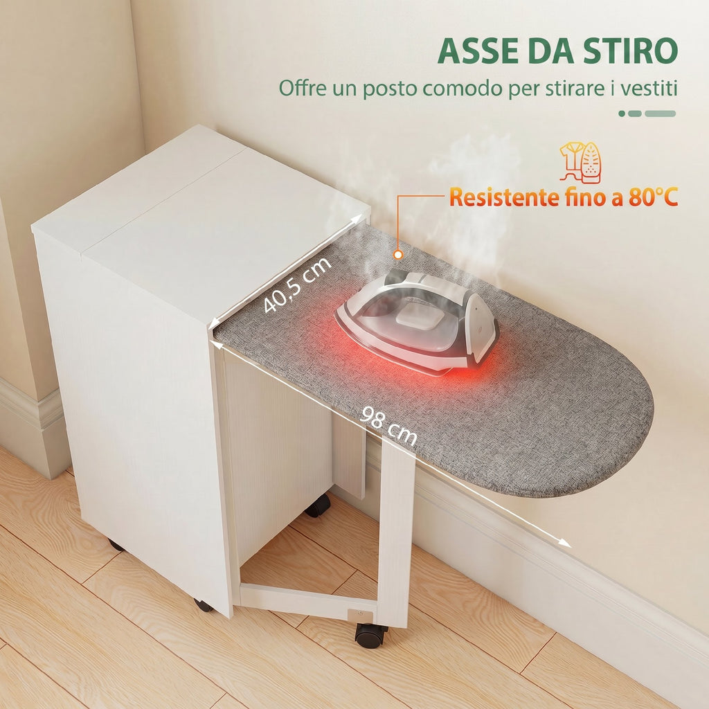 Folding Ironing Board with Wheels, Adjustable Shelf, Soft Close, Wood and Fabric, 128x43x83 cm, White