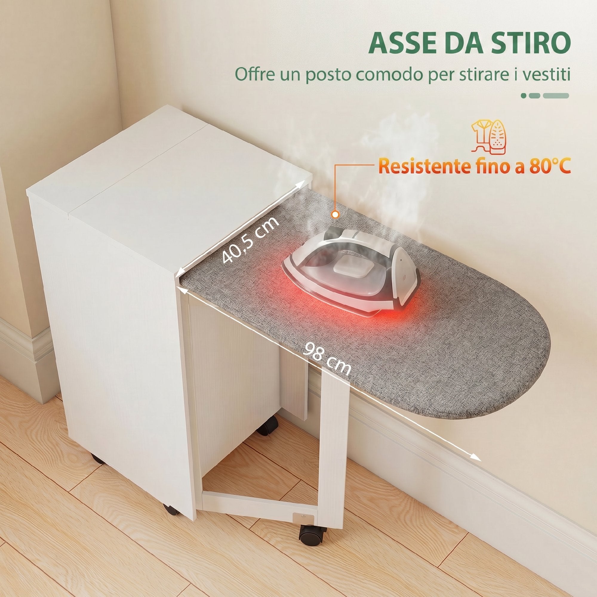 Folding Ironing Board with Wheels, Adjustable Shelf, Soft Close, Wood and Fabric, 128x43x83 cm, White