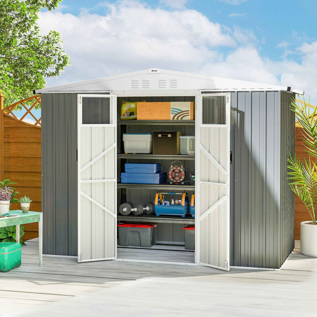 Outsunny Galvanized Steel Garden Storage Shed with 2 Doors, 246x117x180 cm, Light Grey