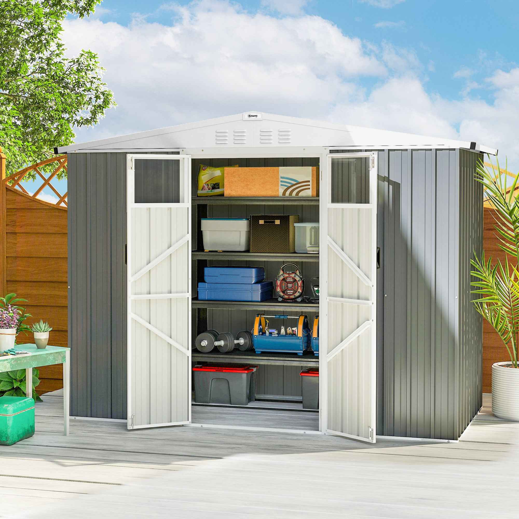 Outsunny Galvanized Steel Garden Storage Shed with 2 Doors, 246x117x180 cm, Light Grey