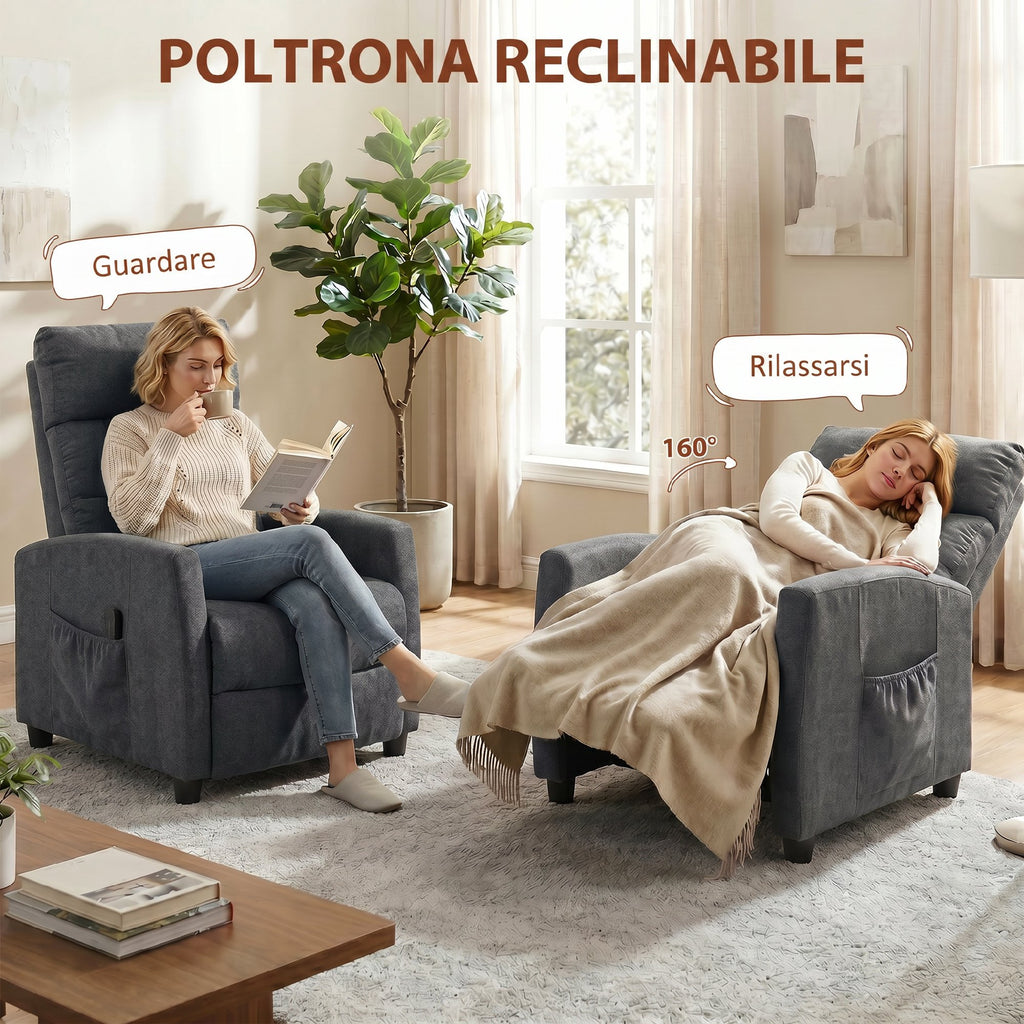 HOMCOM 160° Reclining Massage Chair with Footrest and Remote Control, 66x91x108 cm, Dark Grey Chenille