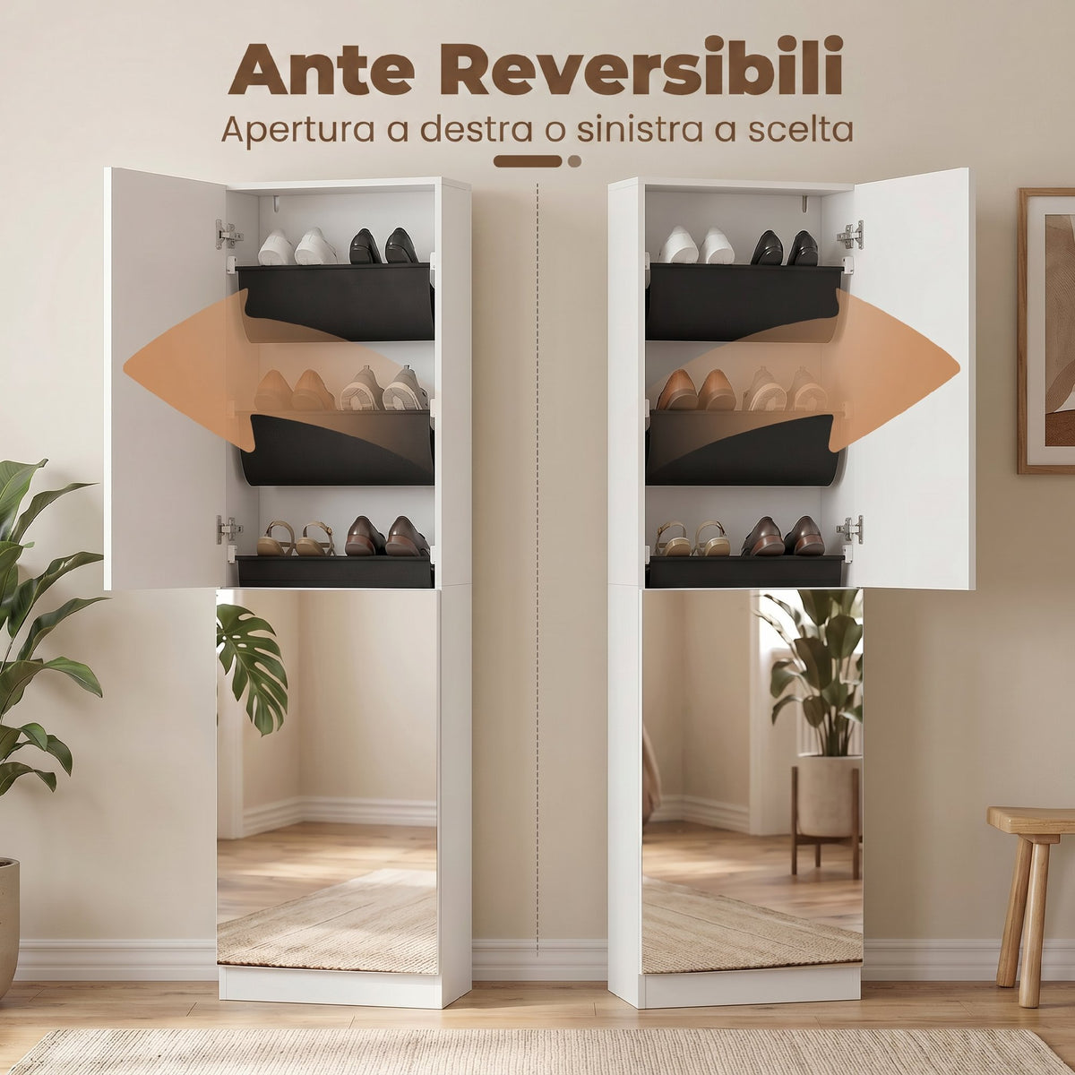 HOMCOM Mirrored Shoe Rack with 5 Non-Woven Fabric Shelves and Bottom Shelf, Wooden, 50x20x180 cm, White