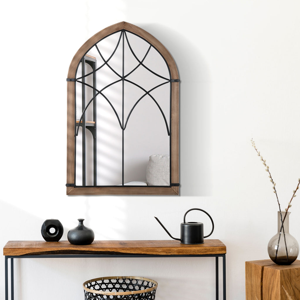 HOMCOM Arched Wall Mirror with Modern Details and Hooks, Wood and Glass, 60x93 cm, Brown and Black