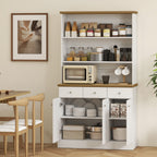 Kitchen Pantry with 3 Open Shelves, 3 Drawers and 2 Cabinets, Wooden, 101x39x180.5 cm, White and Wood Color