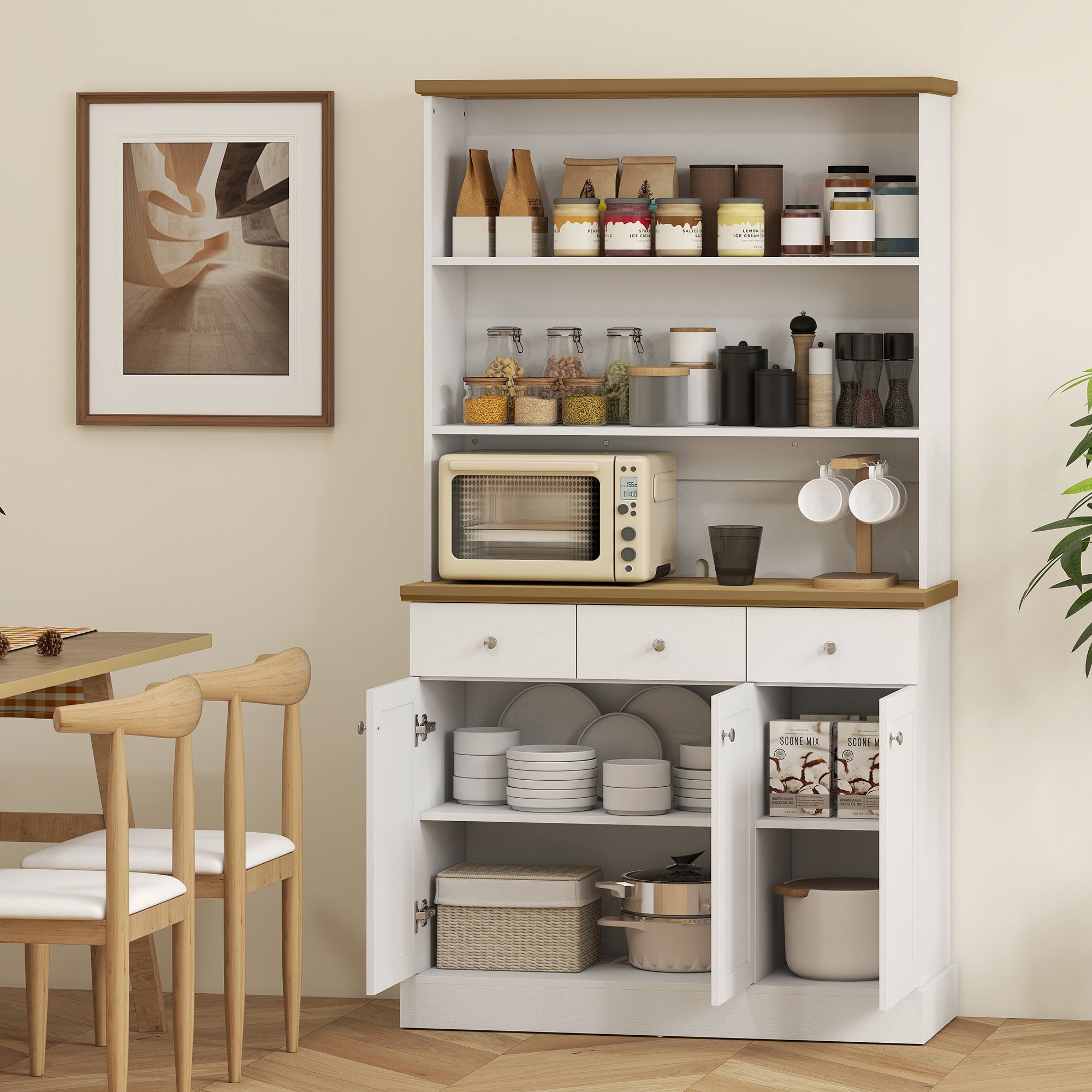 Kitchen Pantry with 3 Open Shelves, 3 Drawers and 2 Cabinets, Wooden, 101x39x180.5 cm, White and Wood Color