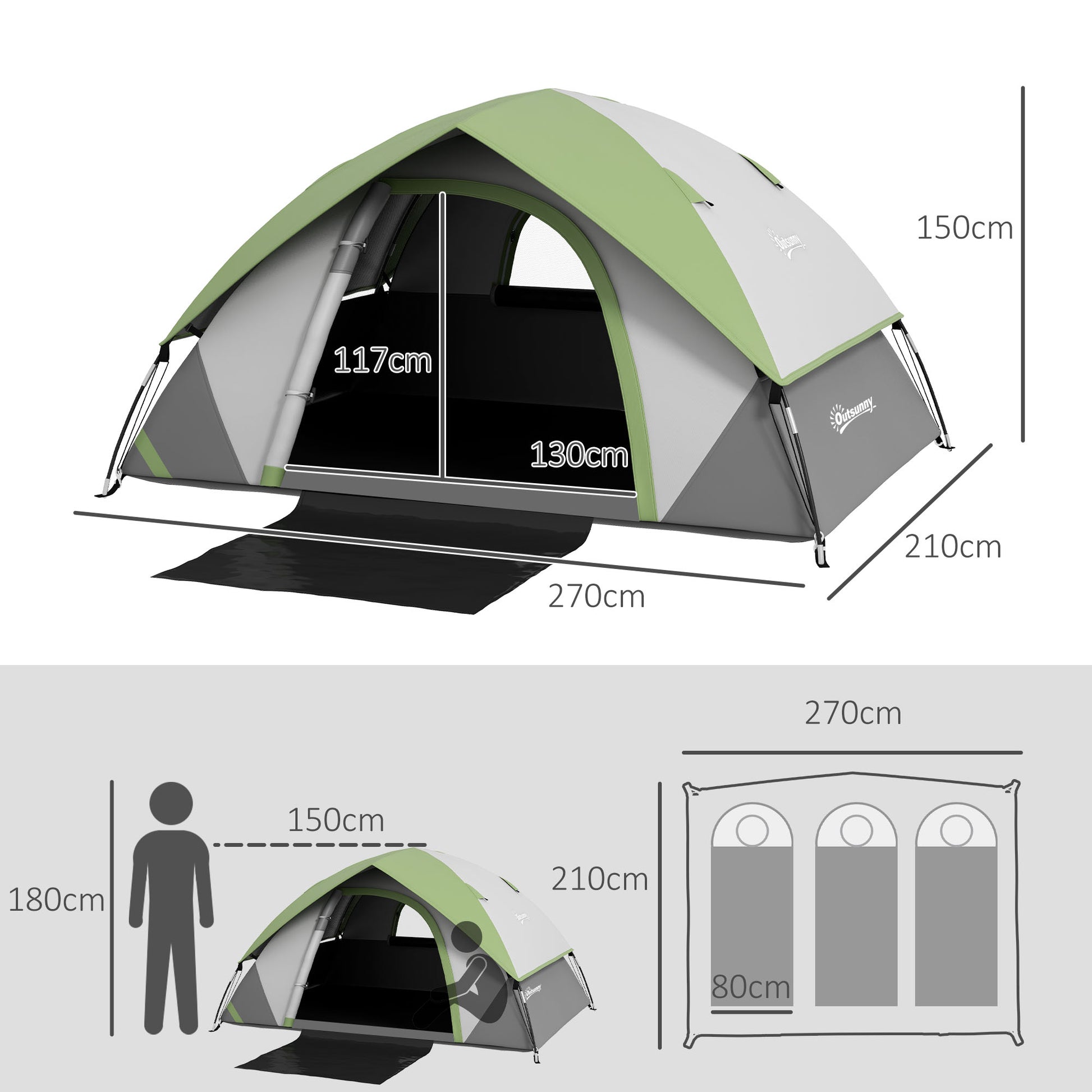 Outsunny 3-Person Camping Tent with Mesh Window, in Polyester, Fiberglass and PE, 270x210x150 cm, Gray and Green - Borgè