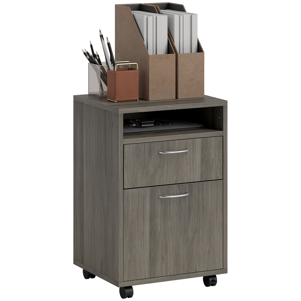 4-Wheel File Cabinet with Open Shelf and Drawers, Wood and Metal, 40x35x60 cm, Grey
