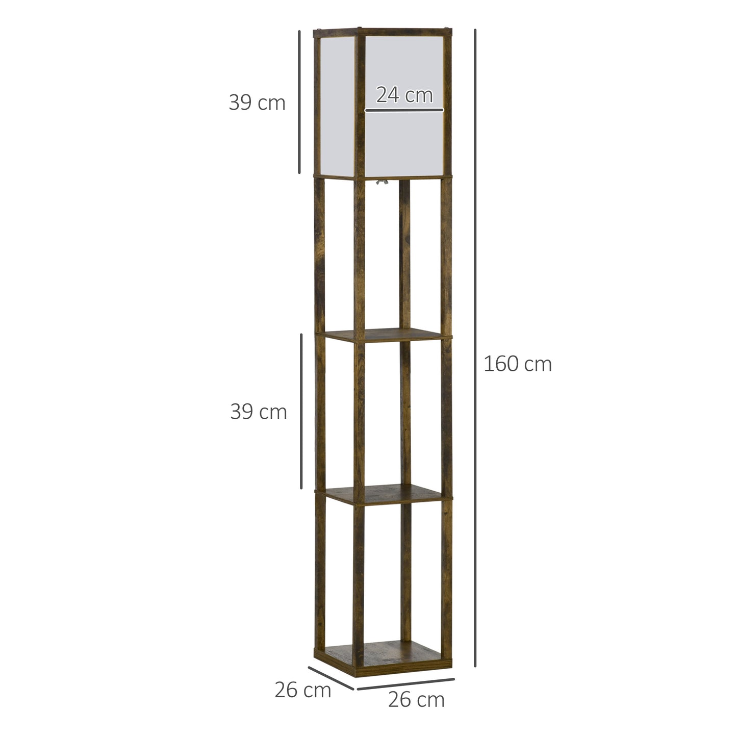 Floor Lamp with 3 Integrated Shelves, E27 Socket, Power 40W, 26x26x160cm, Wood Color