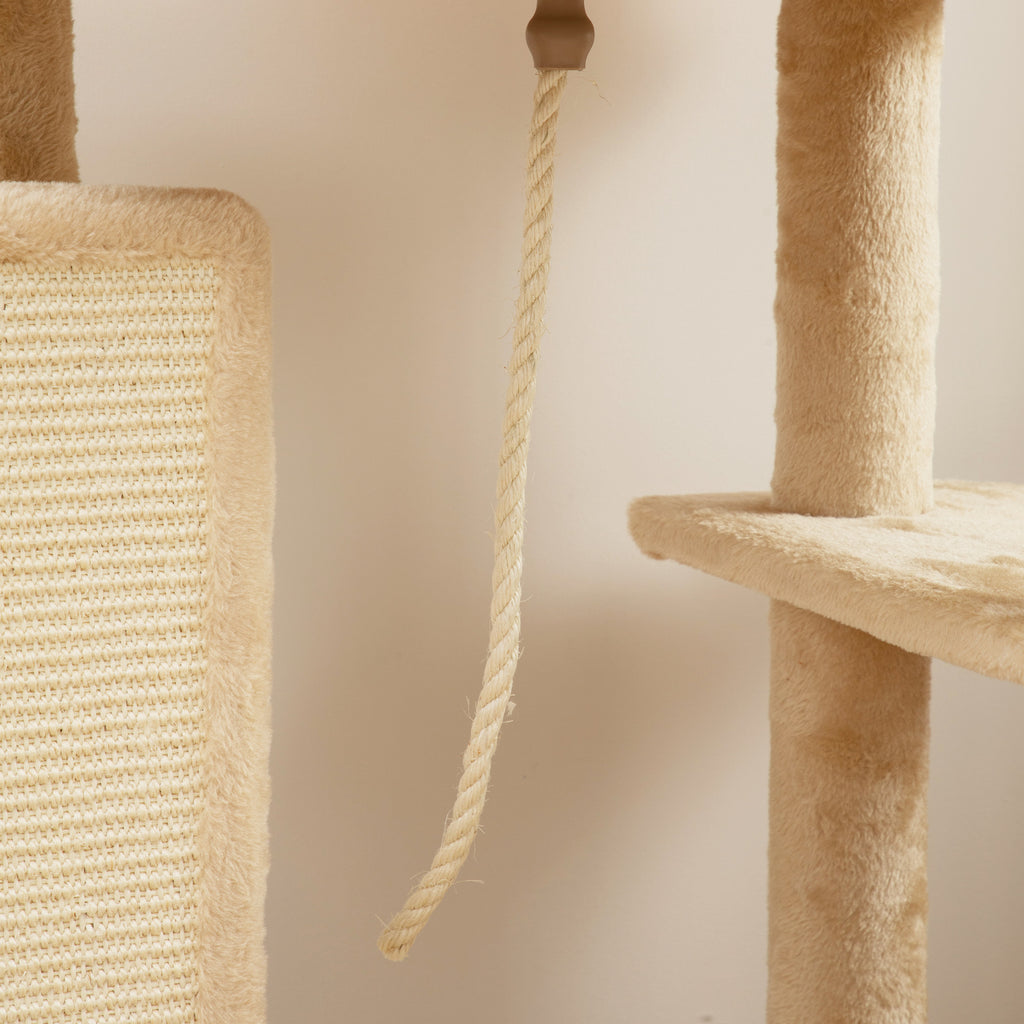 Multi-Level Cat Tree, 132 cm Tall, with House, Bed, Scratching Posts, Brush and Ball, Beige