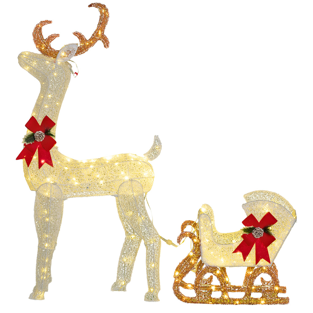 Outsunny 170 LED Lighted Christmas Reindeer Sleigh Ornament, White and Red, Christmas Decoration for Home and Garden