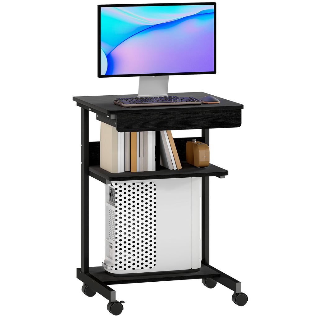 PC Desk with Sliding Drawer, 2 Shelves and 4 Wheels, in Wood and Metal, 56x51x79 cm, Black
