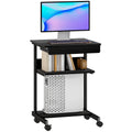 PC Desk with Sliding Drawer, 2 Shelves and 4 Wheels, in Wood and Metal, 56x51x79 cm, Black