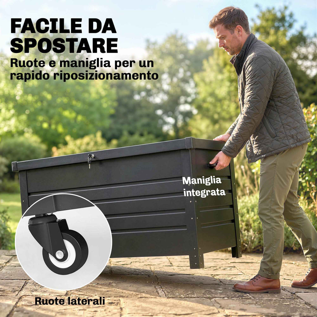 Outsunny 350L Metal Storage Box with Lockable Lid, Wheels, Side Handles, Grey