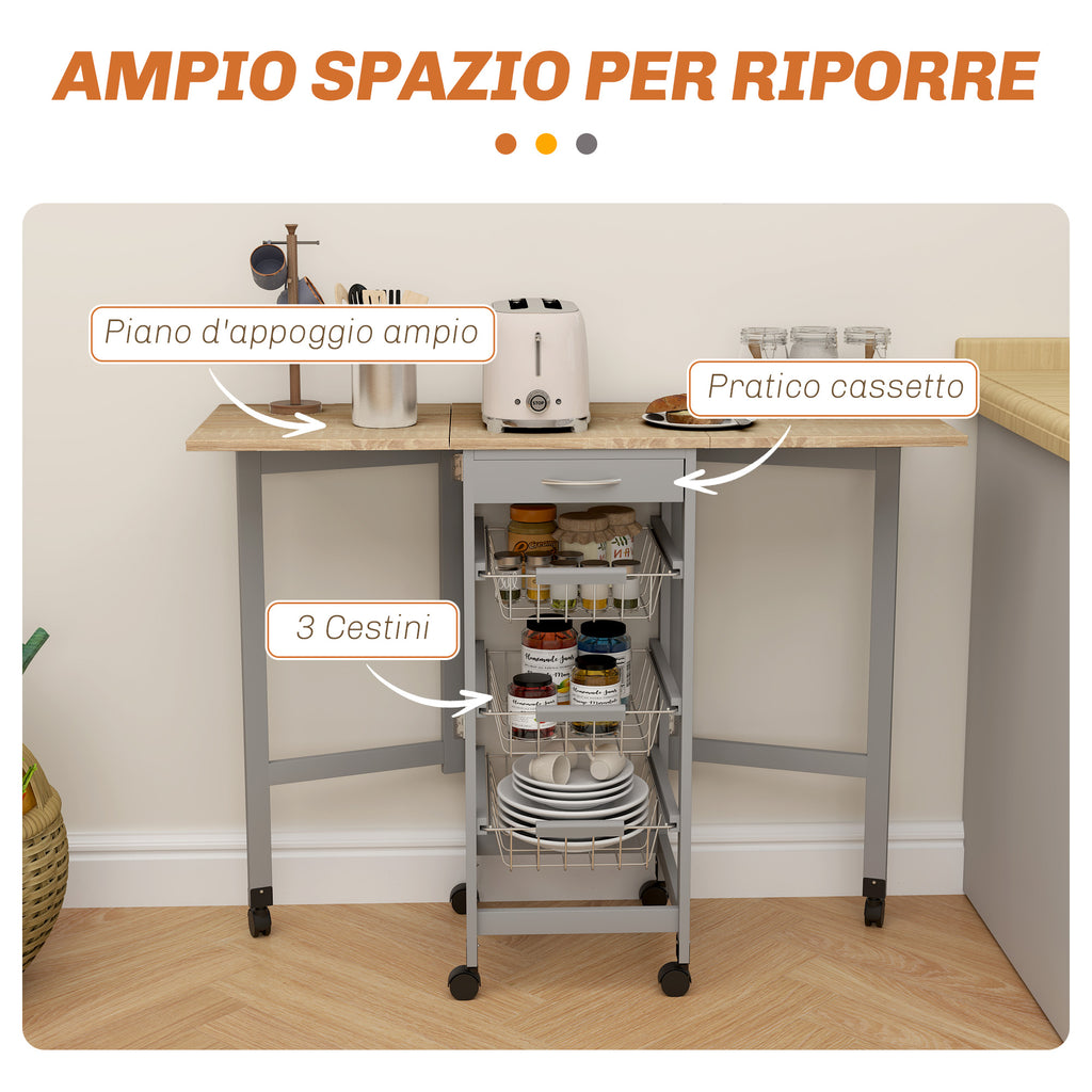 Kitchen Trolley with 3 Baskets, Drawer and 2 Flaps, in Wood and Metal, 37x37x77.5 cm, Grey and Oak