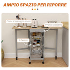 Kitchen Trolley with 3 Baskets, Drawer and 2 Flaps, in Wood and Metal, 37x37x77.5 cm, Grey and Oak