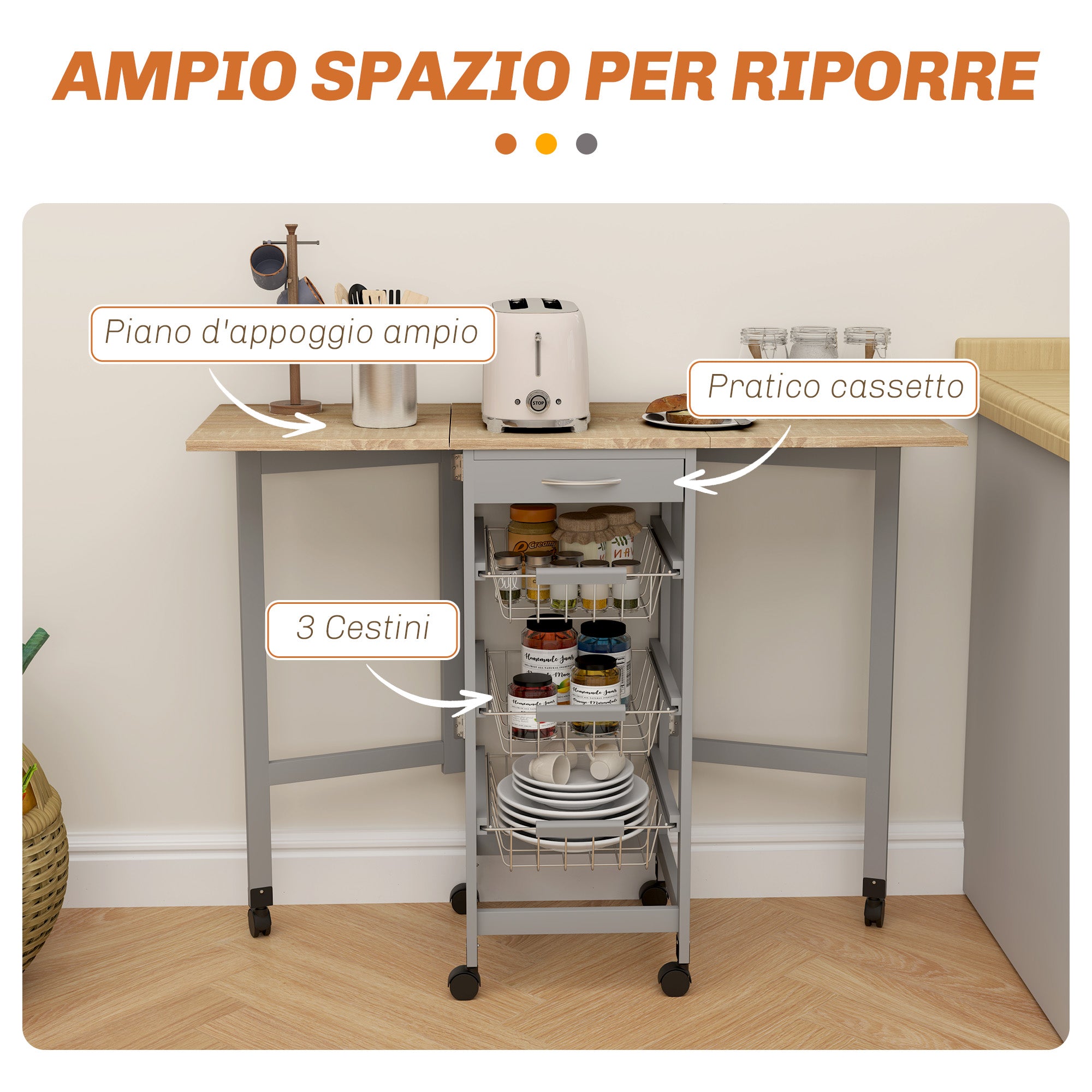 Kitchen Trolley with 3 Baskets, Drawer and 2 Flaps, in Wood and Metal, 37x37x77.5 cm, Grey and Oak