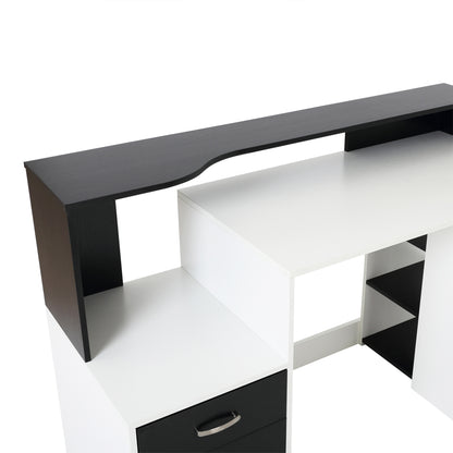 Homcom office desk with printer shelf, 2 drawers and 3 shelves, in black and white mdf, 137 x 55 x 92cm - Borgè