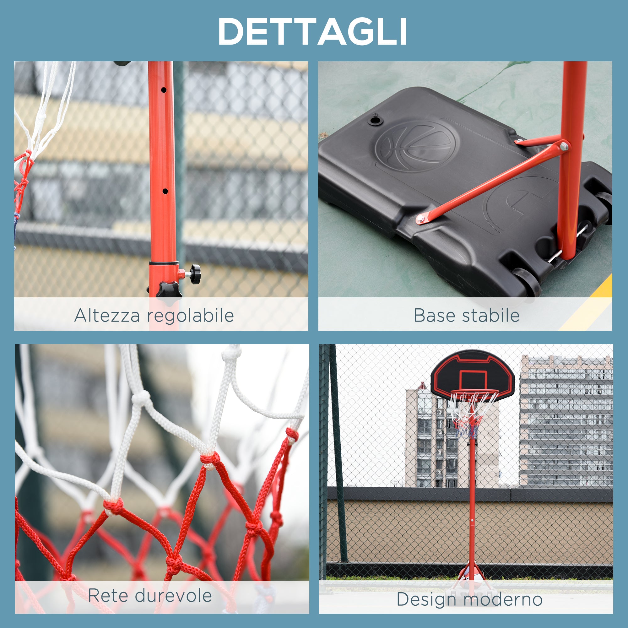 Portable Outdoor Basketball Hoop with Adjustable Height 193.5-248.5cm and Base to Fill with Water or Sand, Made of Steel and Nylon 73x49x194-249cm