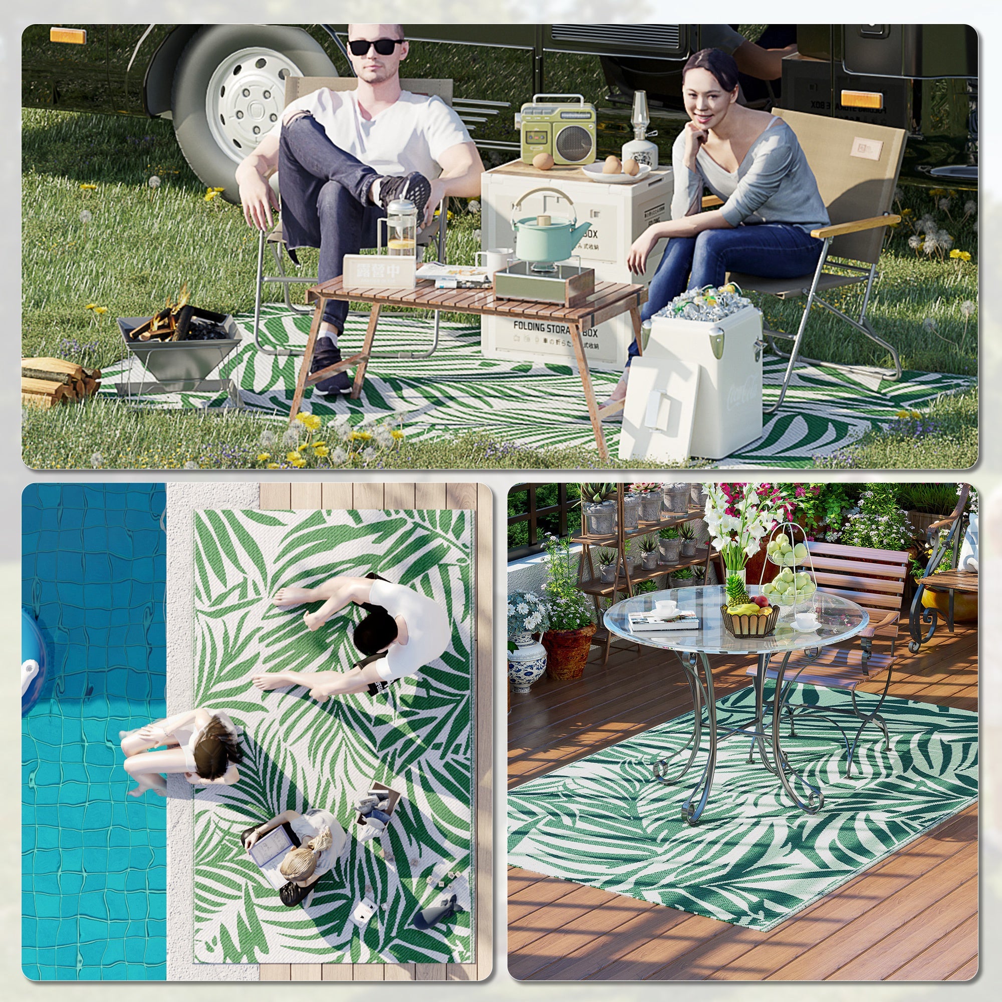 Reversible Outdoor Balcony and Terrace Rug with Leaf Pattern, 152x243 cm, Green and White