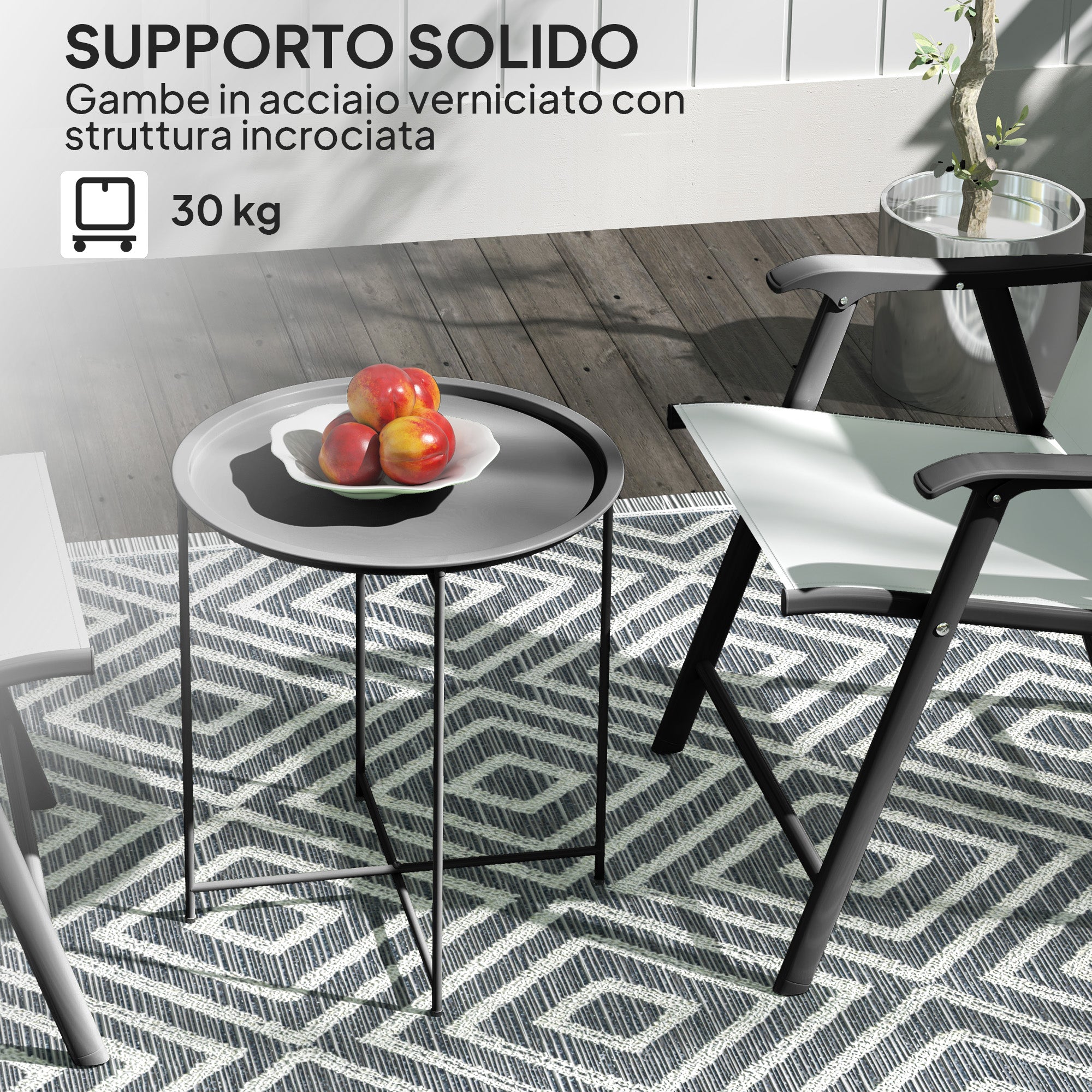 Garden Coffee Table with Removable Tray and Folding Steel Legs, Ø46x50 cm, Black