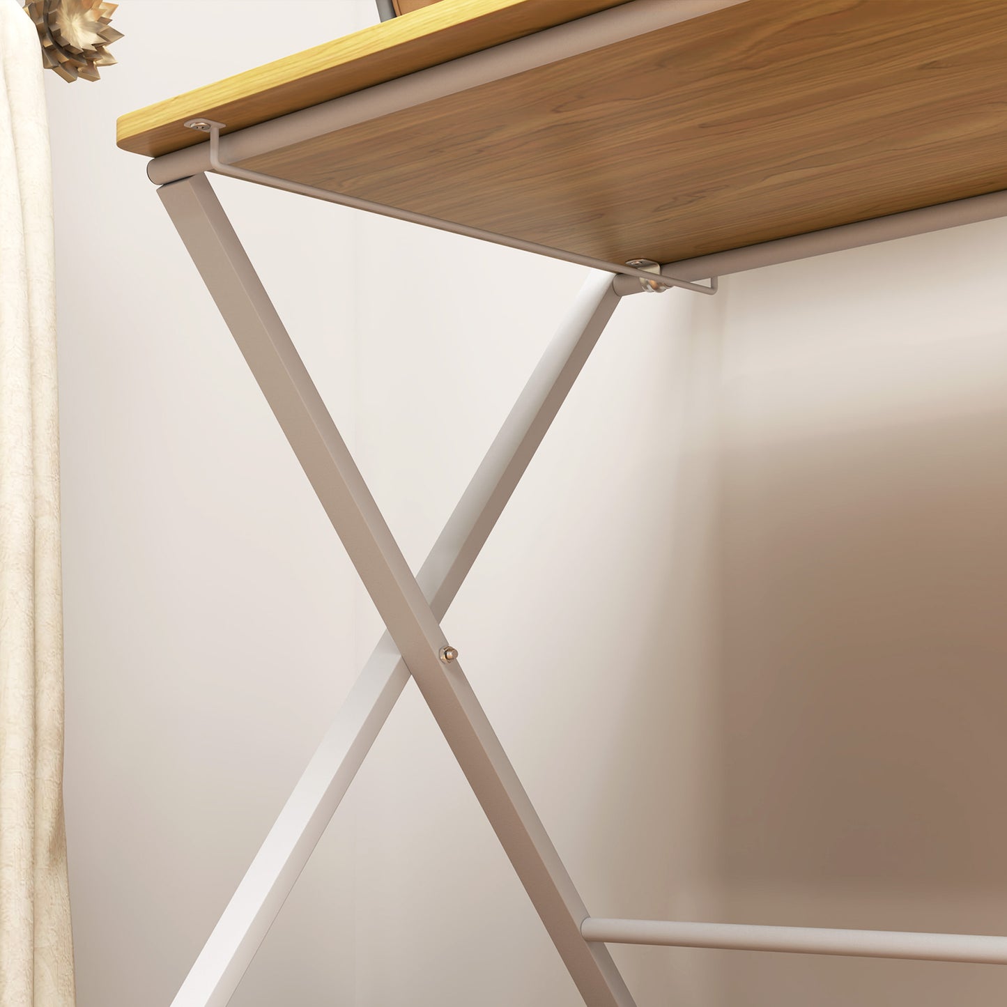 Folding Desk with Raised Shelf and X-Legs, in Wood and Steel, 86x66x82 cm, White and Wood Colour