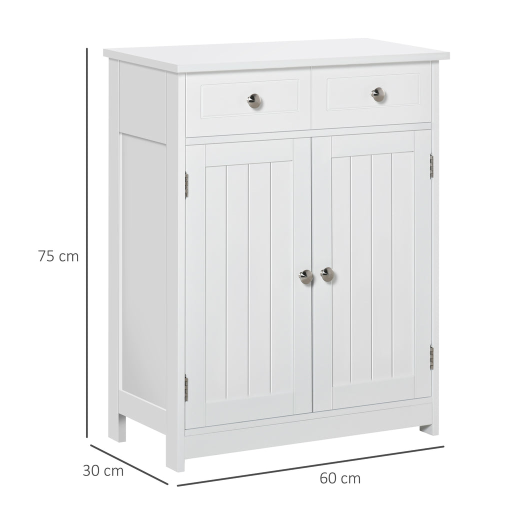 2-Door Bathroom Cabinet with Adjustable Shelf and 2 Wooden Drawers, 60x30x75 cm, White