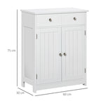 2-Door Bathroom Cabinet with Adjustable Shelf and 2 Wooden Drawers, 60x30x75 cm, White