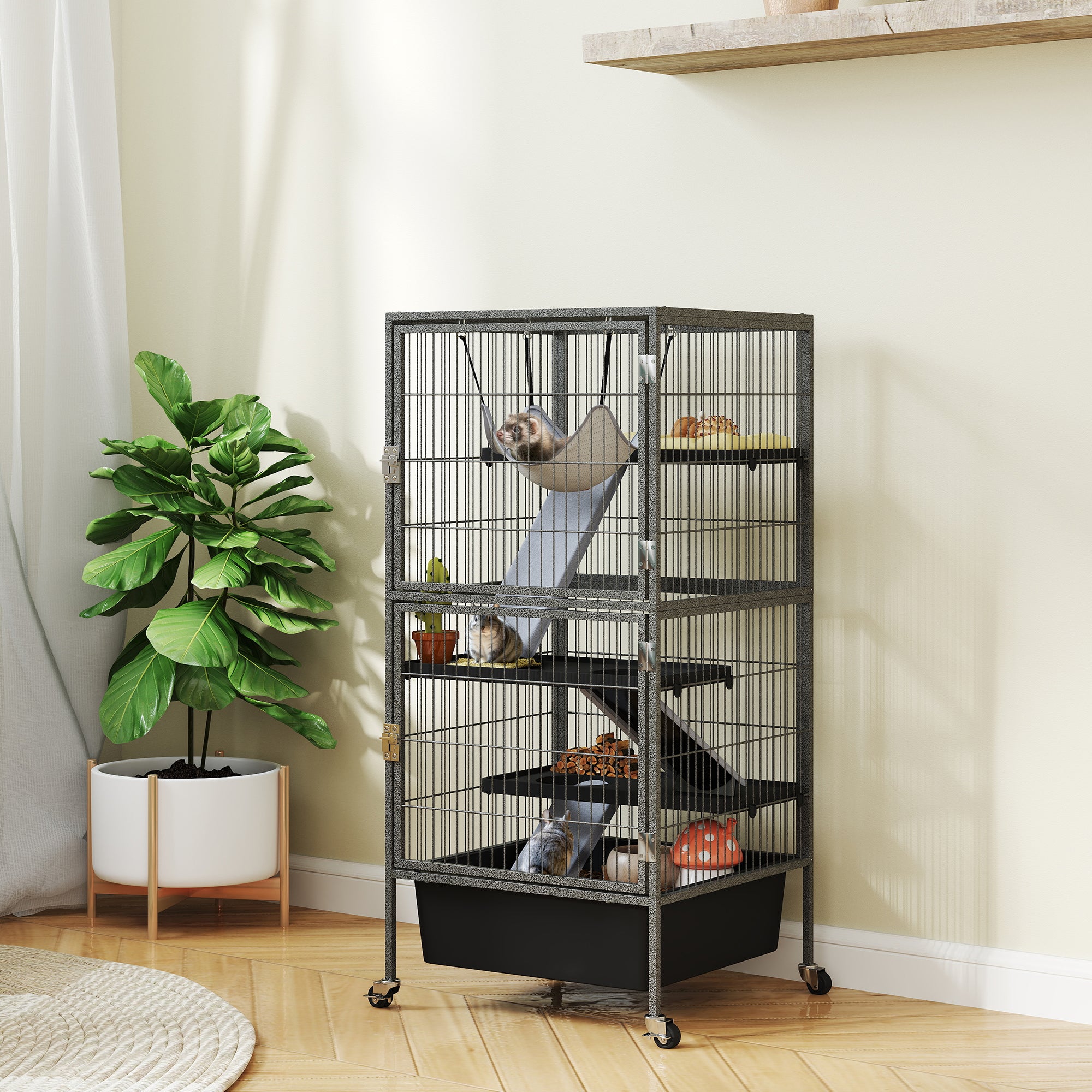 4 Level Small Animal Cage with Ramps, Platforms, Hammock and Wheels, 52x52x115 cm, Grey