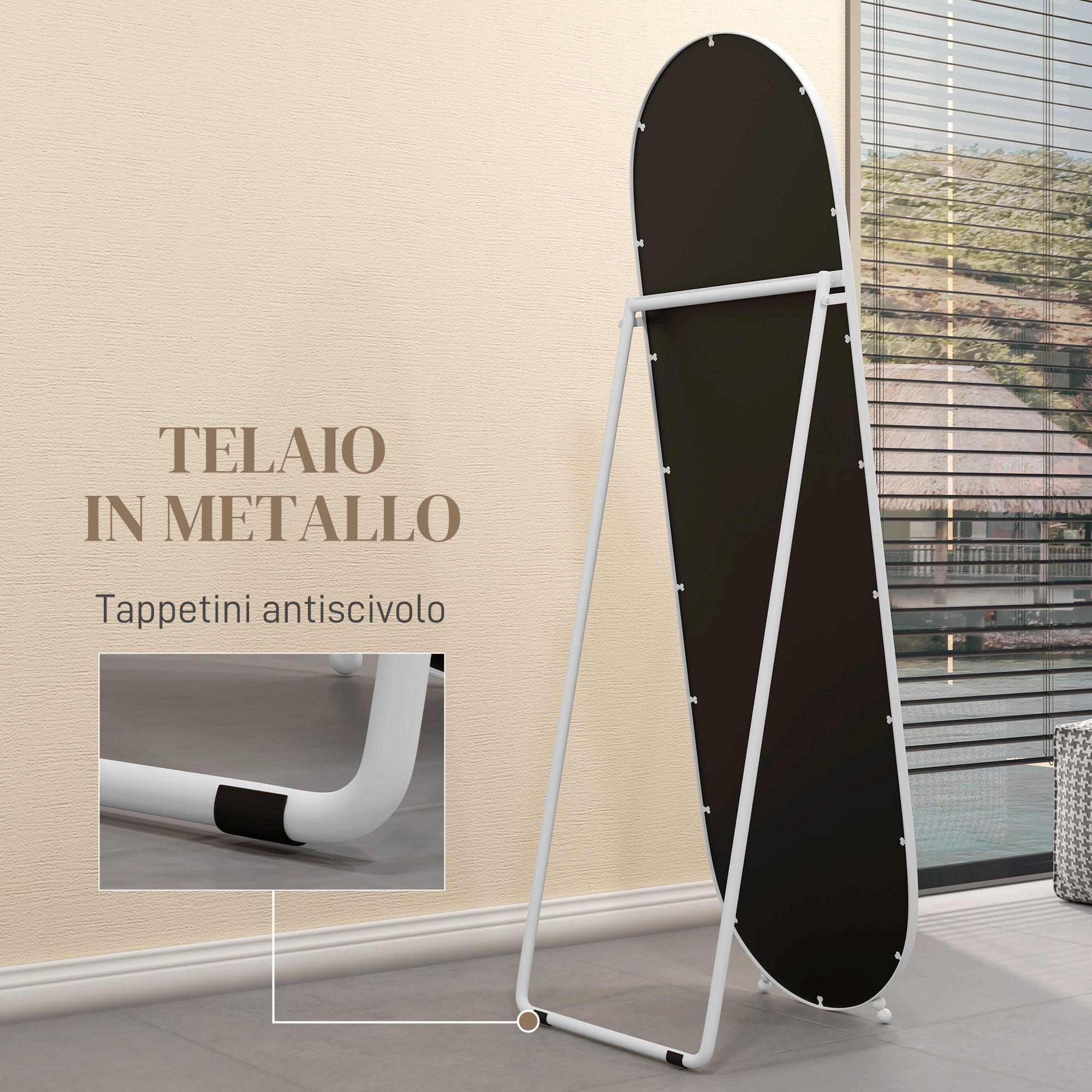 Full-Length Floor Mirror with Folding Stand, Glass and Metal, 40x41x159 cm, White