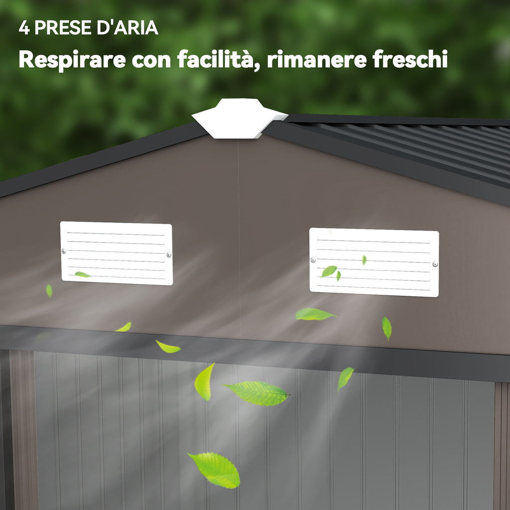 Garden Shed with 4 Vents and 2 Sliding Steel Doors, 277x195x192 cm, Brown