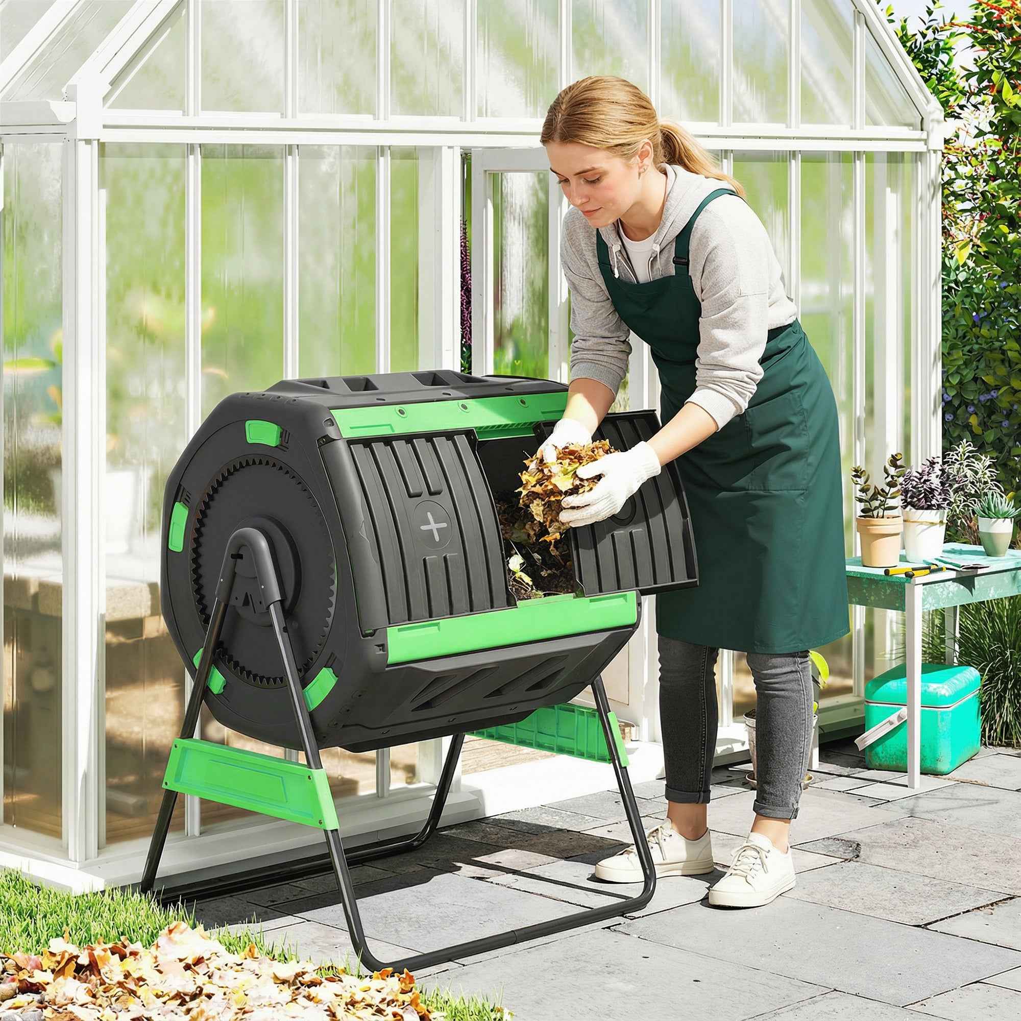 Outsunny 200L Double Chamber Home Composter with 8 Air Vents, PP and Metal, 94x67x98 cm, Green and Black