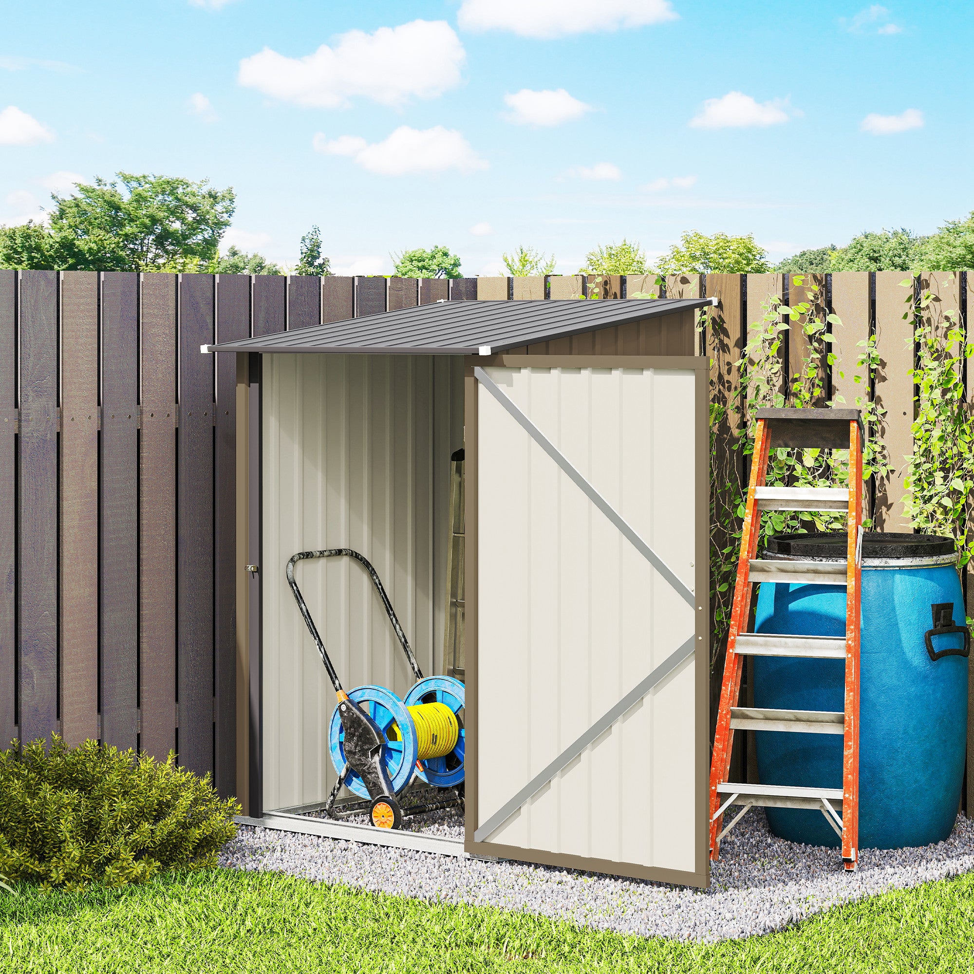 Outsunny Galvanized Steel Garden Shed with Door, 100x104x160 cm, Brown and Dark Grey