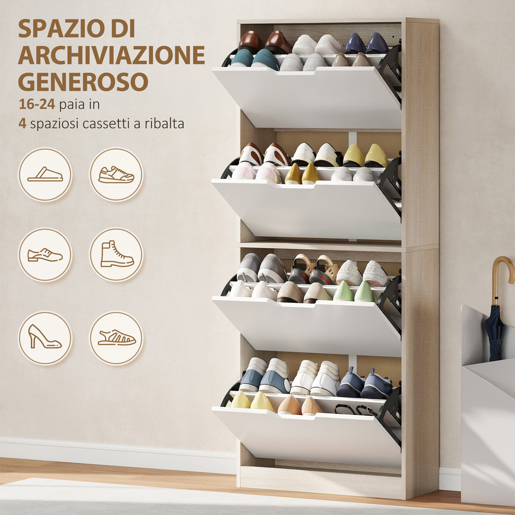 Space-Saving Slim Shoe Rack with 4 Drawers for 20 Pairs of Shoes, 62.5 x 26 x 156 cm, Wood and White